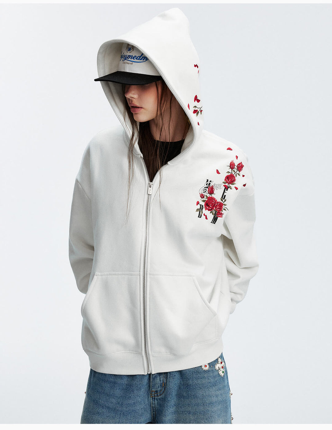 MEDM Rose Embroidered Zip Up Hoodie | Face 3 Face