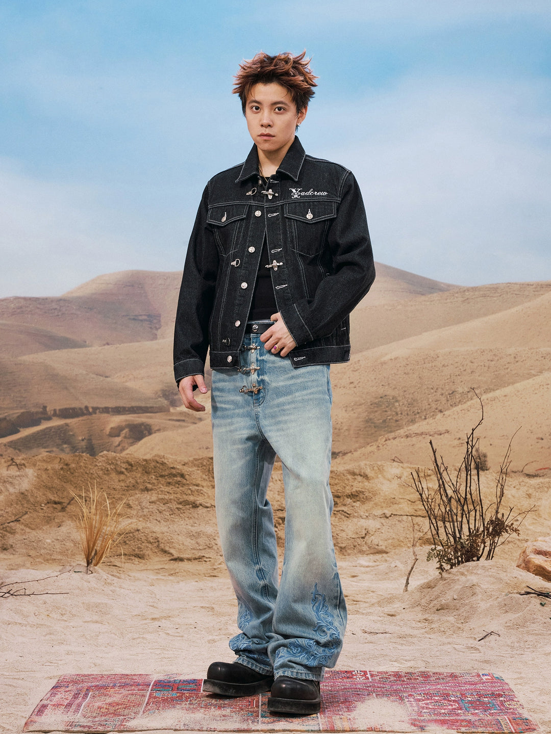 YADcrew Snap Button 3D Embroidery Washed Jeans | Face 3 Face