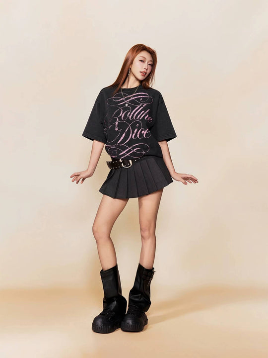 1807 Distressed Calligraphy Graphic Washed Short Sleeve Tee | Face 3 Face