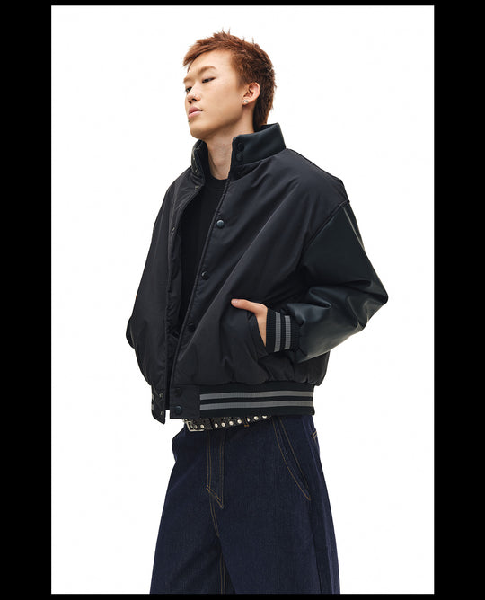 NOVACAM PU Leather Sleeve Puffer Varsity Jacket | Face 3 Face