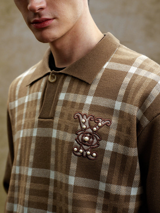YADcrew Pearl Logo Embroidery Plaid Polo Knit Sweater | Face 3 Face