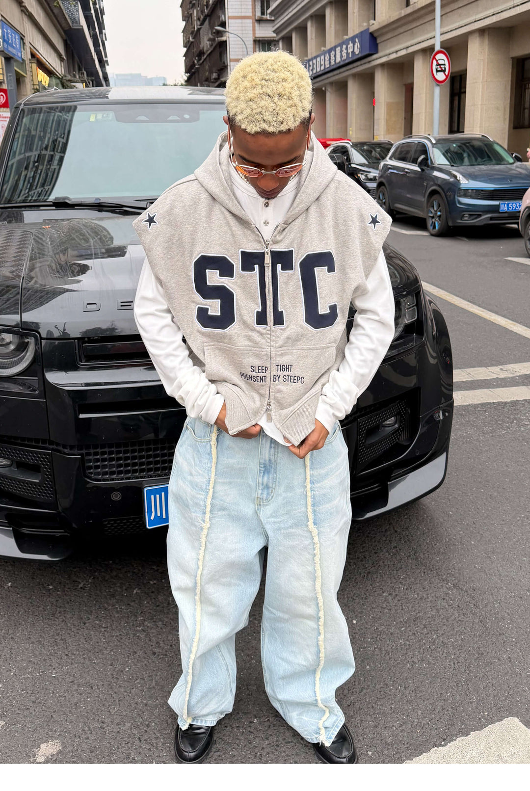 STEEPC Ice Blue Washed Frayed Center Seam Baggy Jeans | Face 3 Face