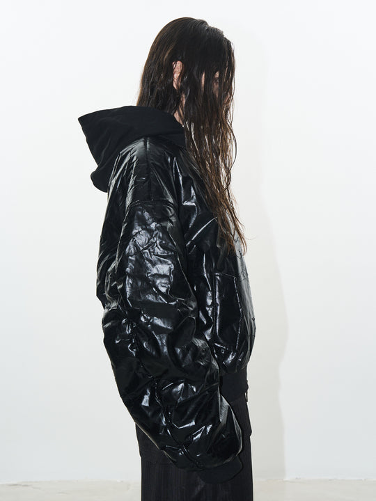 BLIND NO PLAN Crackle-Textured Hooded Bomber Jacket | Face 3 Face