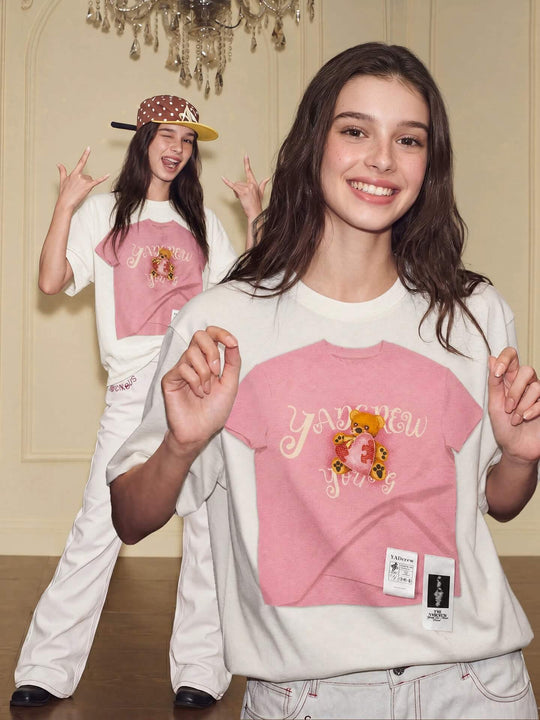 YADcrew Digital Print Cute Bear Rhinestone Tee | Face 3 Face