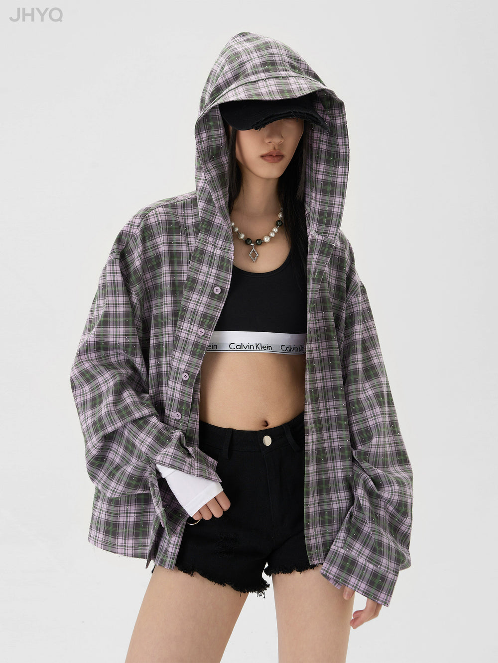 JHYQ Plaid Hot Diamond Hooded Long Sleeved Shirt