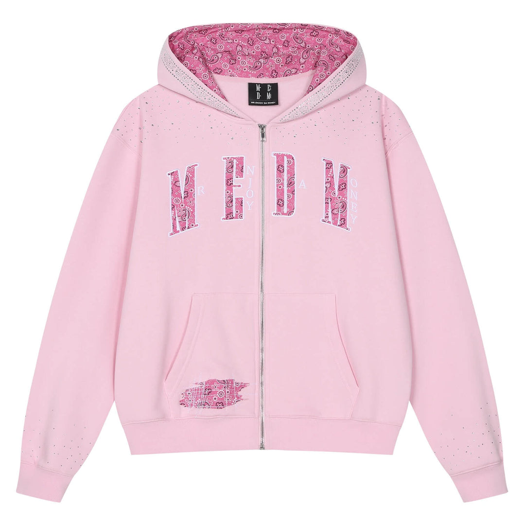 MEDM Paisley Hood Lining Rhinestone Embellished Zip Up Hoodie | Face 3 Face