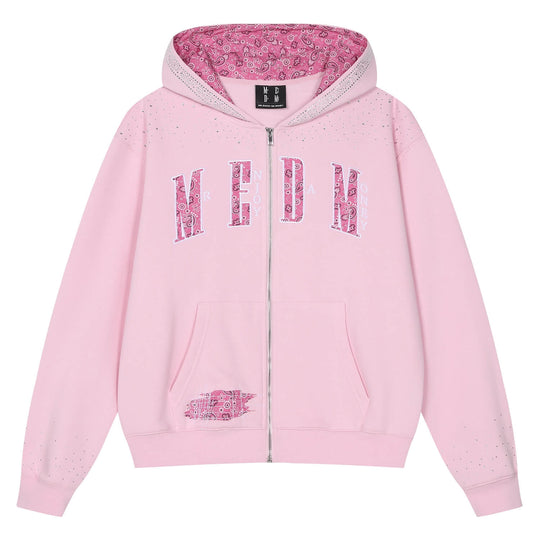 MEDM Paisley Hood Lining Rhinestone Embellished Zip Up Hoodie | Face 3 Face
