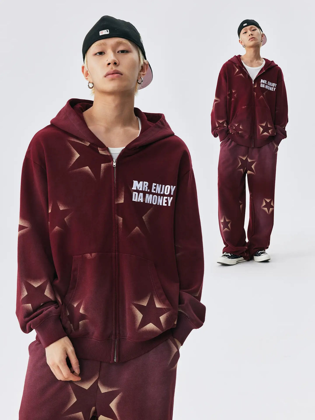 MEDM Washed Star All Over Print Zip Up Hoodie | Face 3 Face