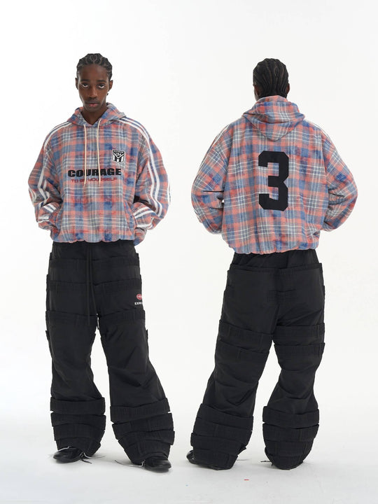EXITMODE BY BLIND NO PLAN Checkered Embroidered Patch Stripe Sleeve Oversized Hoodie | Face 3 Face