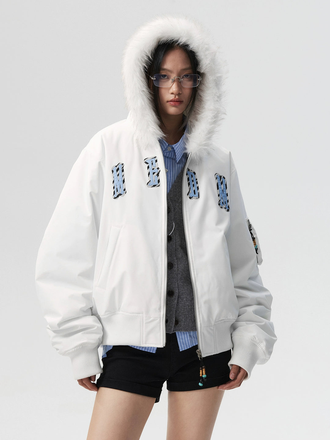 MEDM Animal Logo Patch Fur Hooded Bomber Jacket | Face 3 Face