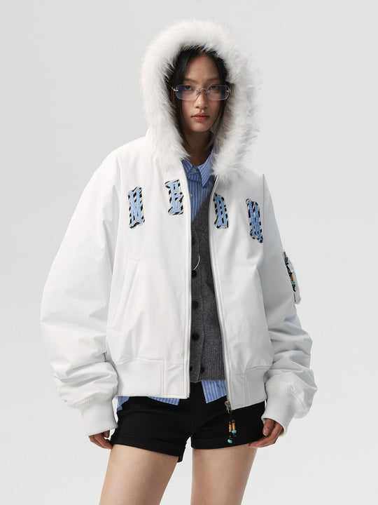 MEDM Animal Logo Patch Fur Hooded Bomber Jacket | Face 3 Face