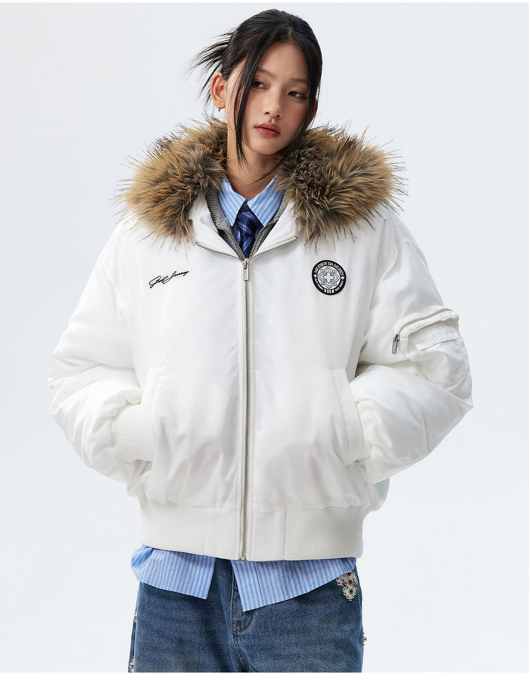 MEDM Silicone Logo Patch Fur Hooded Bomber Jacket | Face 3 Face