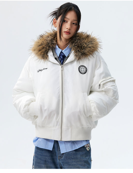 MEDM Silicone Logo Patch Fur Hooded Bomber Jacket | Face 3 Face