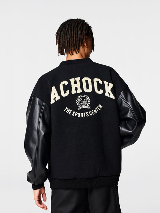 Racer varsity jacket | Achock Basic Logo Embroidery Black Varsity Jacket | Face 3 Face