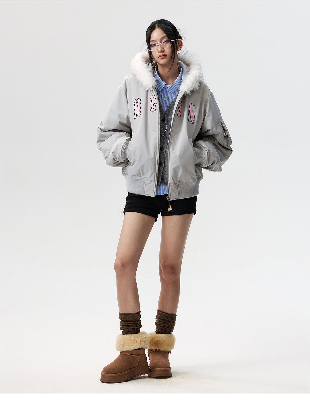 MEDM Animal Logo Patch Fur Hooded Bomber Jacket | Face 3 Face