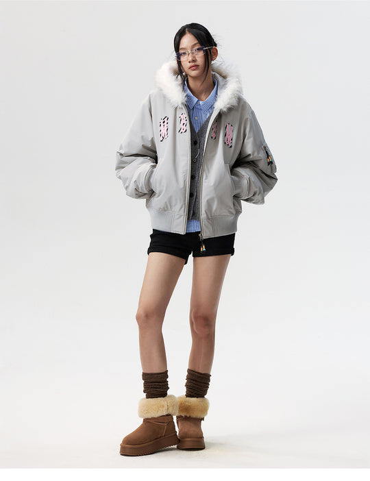 MEDM Animal Logo Patch Fur Hooded Bomber Jacket | Face 3 Face