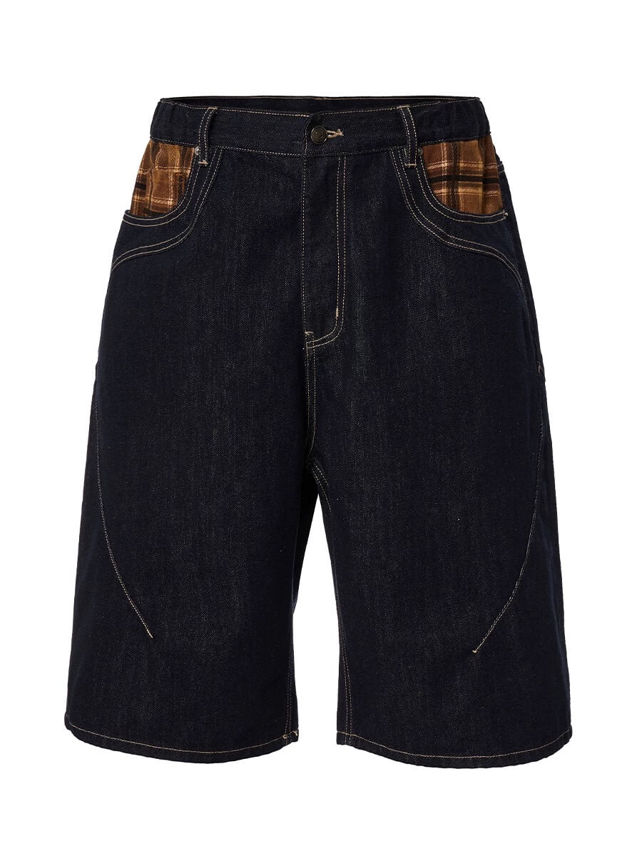 F2CE Plaid Pocket Patchwork Denim Baggy Shorts | Face 3 Face