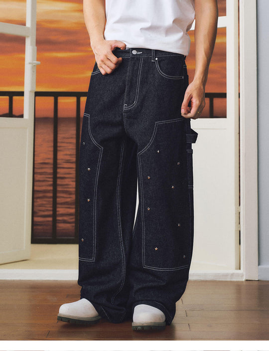MEDM Star Studded Double Knee Baggy Jeans | Face 3 Face