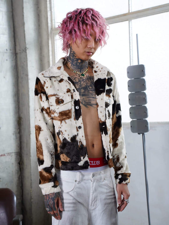 TGFCLUB Cow Print Faux Fur Leather Slim Fit Jacket | Face 3 Face