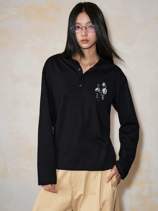 MEDM Rose Print Henley Long Sleeve Tee | Face 3 Face