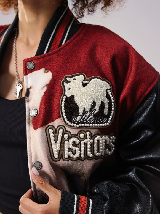Remedy Sheep Full Print Pearl Embroidered Varsity Jacket | Face 3 Face