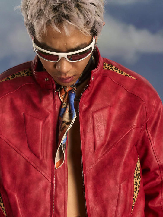 S45 Leopard Print Patchwork PU Leather Biker Jacket | Face 3 Face