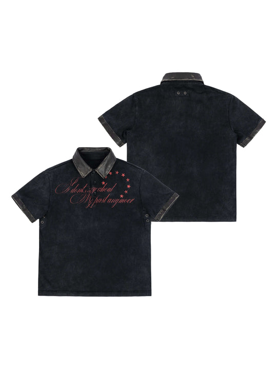 ANTIDOTE Washed Leather Collar Short Sleeve Polo