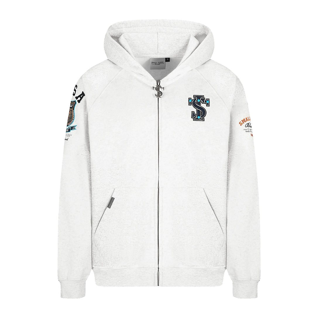 Small Town Kid Turquoise Studded Badge Embroidered Zip-Up Hoodie | Face 3 Face