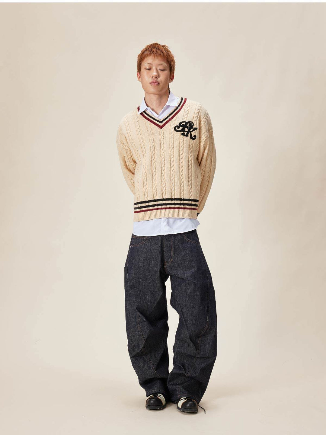 EVILKNIGHT(EK) Logo Cable Knit V Neck Sweater | Face 3 Face