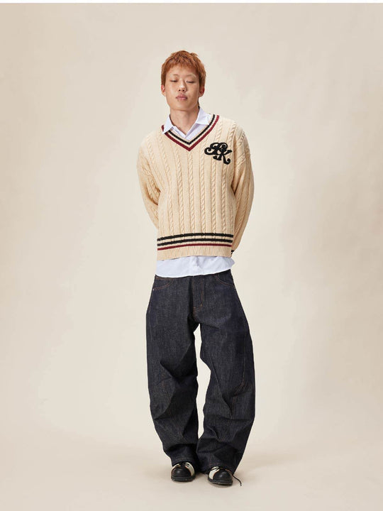 EVILKNIGHT(EK) Logo Cable Knit V Neck Sweater | Face 3 Face