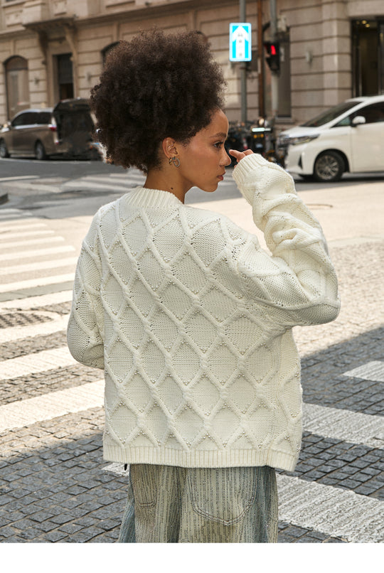 STEEPC Wool Blend Diamond Cable Knit Pearl Cardigan | Face 3 Face