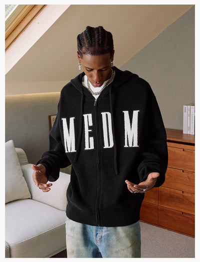 MEDM Basic Embroidered Logo Zip Up Knit Hoodie | Face 3 Face