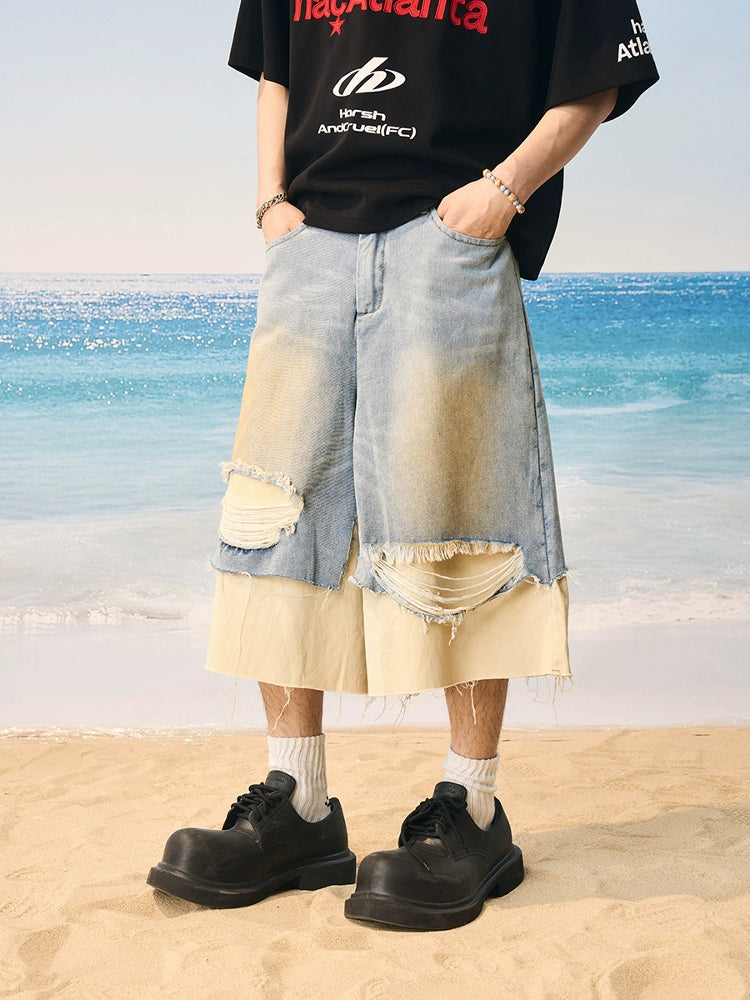 Harsh and Cruel Distressed Wash Layered Denim Shorts | Face 3 Face