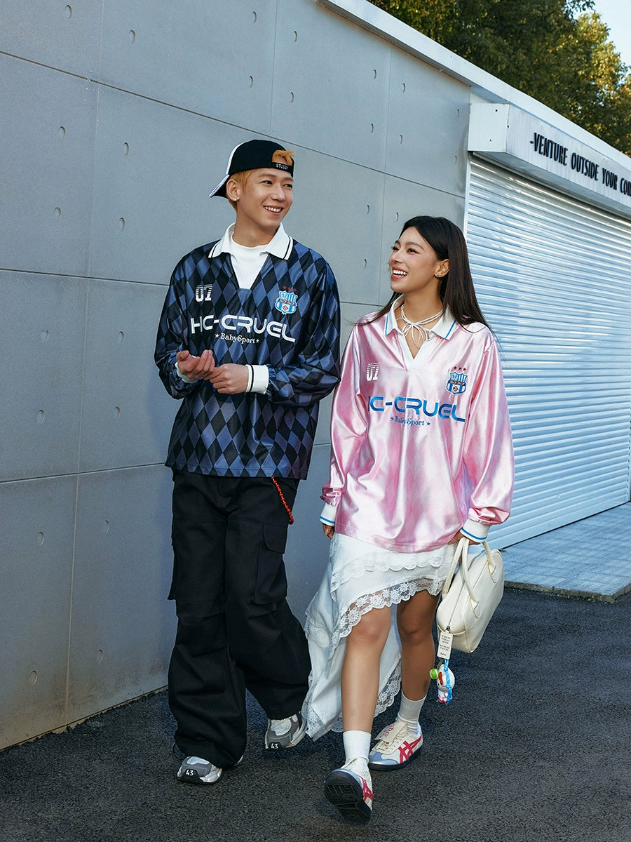 Harsh and Cruel Badge Embroidered Plaid Long Sleeve Polo Jersey | Face 3 Face