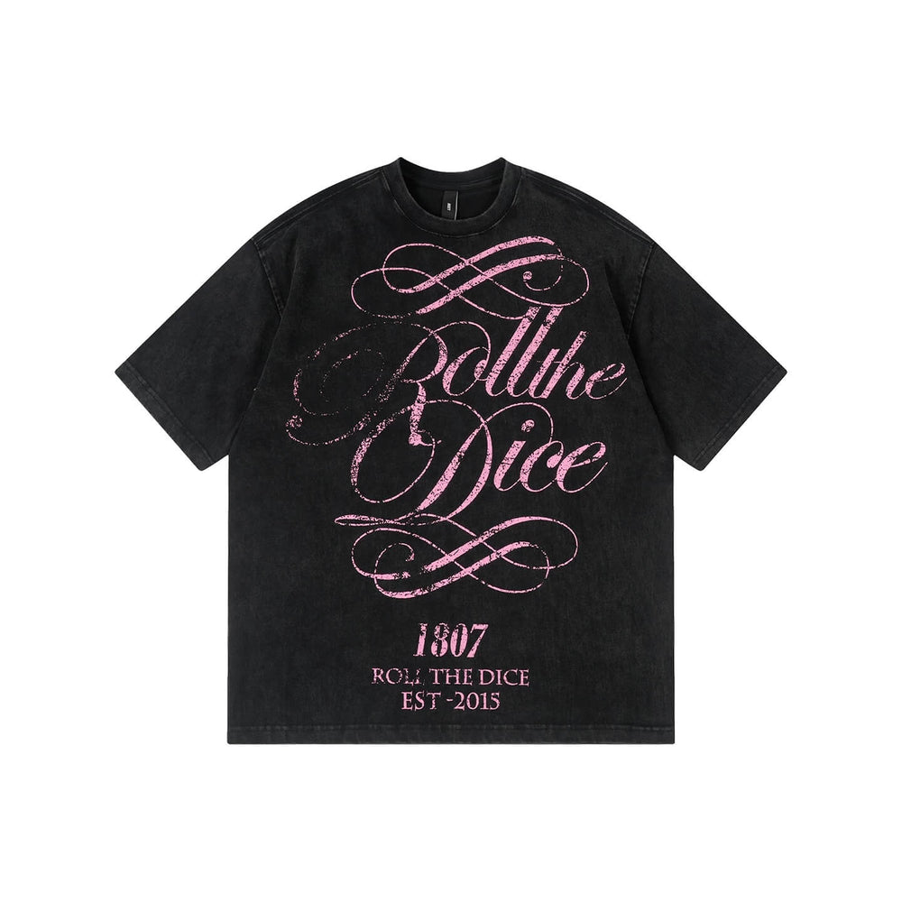1807 Distressed Calligraphy Graphic Washed Short Sleeve Tee | Face 3 Face