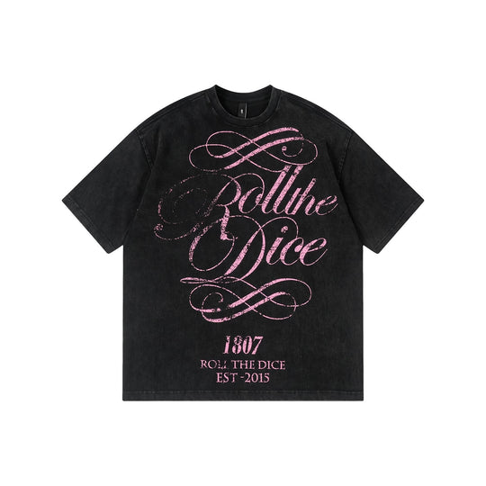 1807 Distressed Calligraphy Graphic Washed Short Sleeve Tee | Face 3 Face
