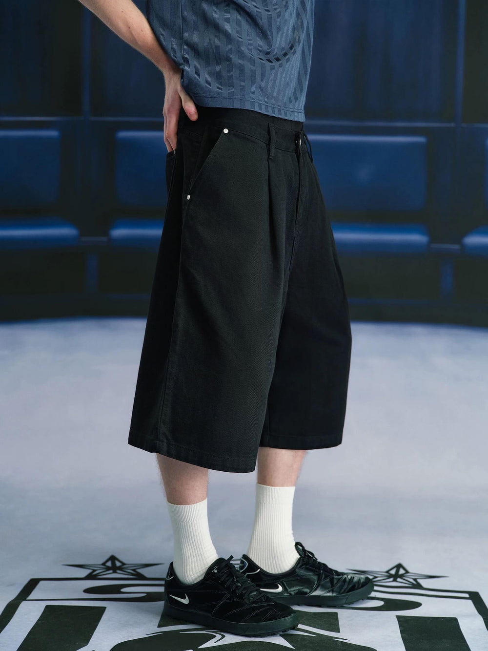 S45 3D Pleat Washed Denim Baggy Shorts | Face 3 Face