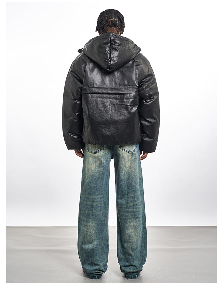 F3F Select Windproof Hooded PU Leather Puffer Bomber Jacket | Face 3 Face