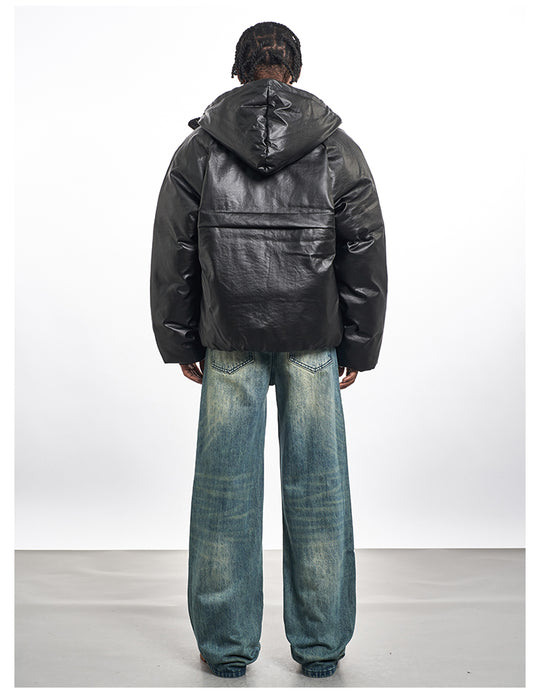 F3F Select Windproof Hooded PU Leather Puffer Bomber Jacket | Face 3 Face