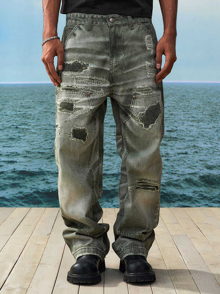 YADcrew Needle Stitch Hole Double Knee Print Jeans | Face 3 Face