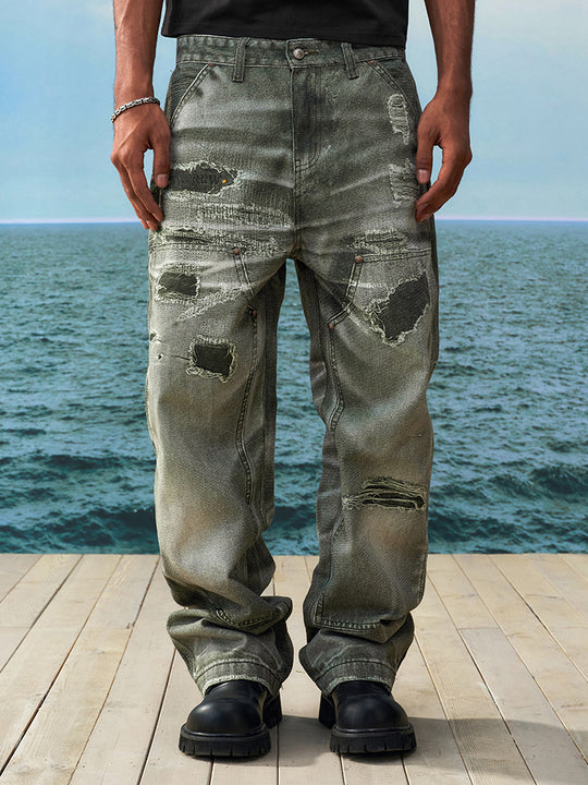 YADcrew Needle Stitch Hole Double Knee Print Jeans | Face 3 Face