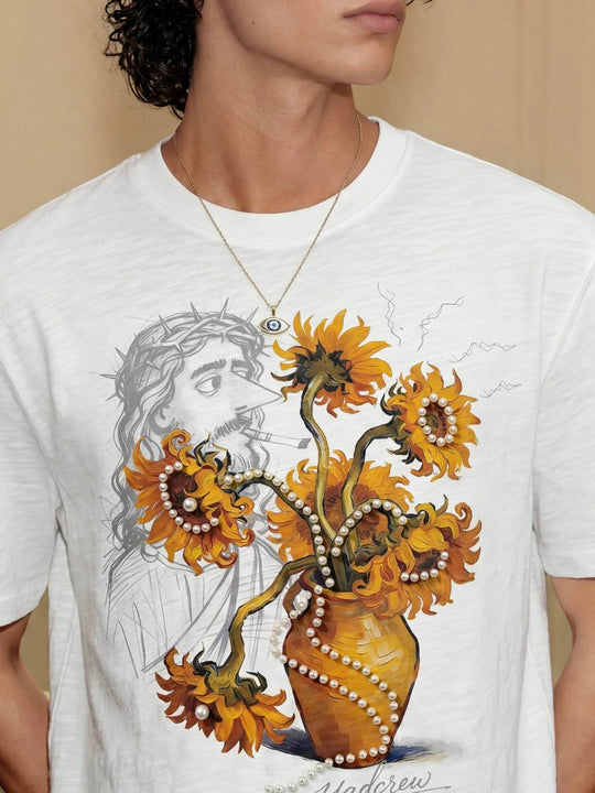 YADcrew Sunflower Jesus Print Pearl Embellished Tee | Face 3 Face