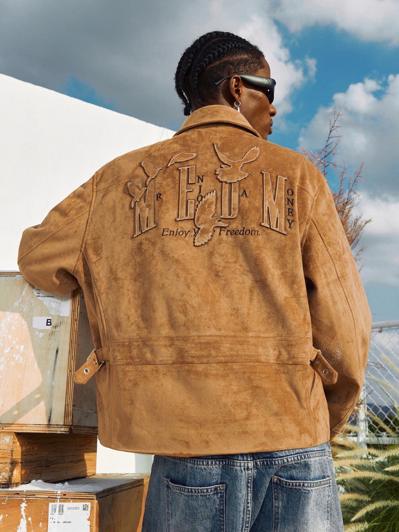 MEDM Patch Embroidered Dove Suede Jacket | Face 3 Face