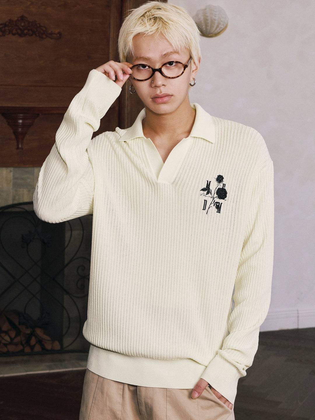 MEDM Rose Embroidered Textured Stripe Knit Long Sleeve Polo | Face 3 Face