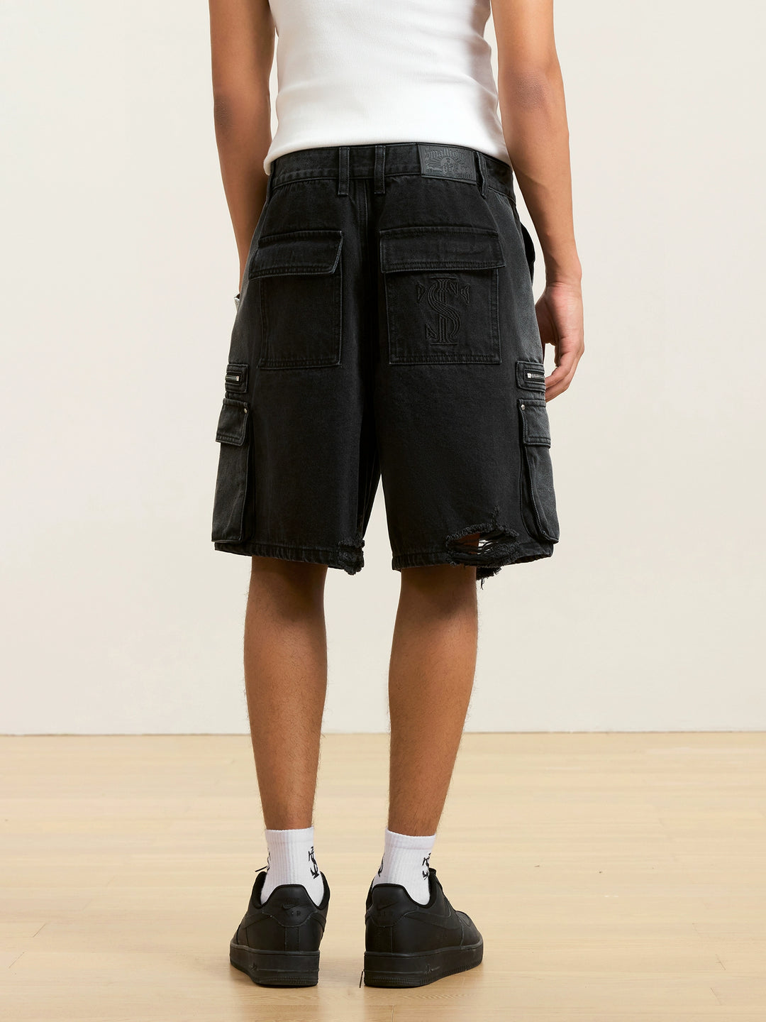 Small Town Kid Rivets Washed Denim Utility Cargo Shorts | Face 3 Face