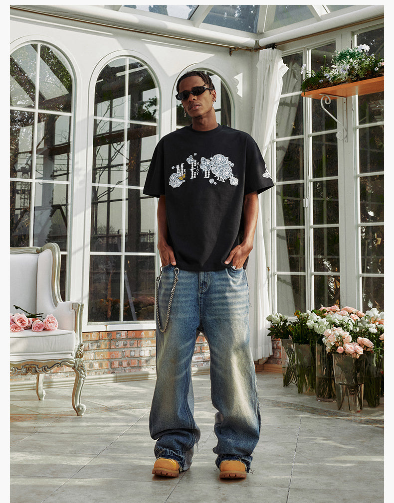 MEDM Lace Floral Rose Pearl Print Tee | Face 3 Face