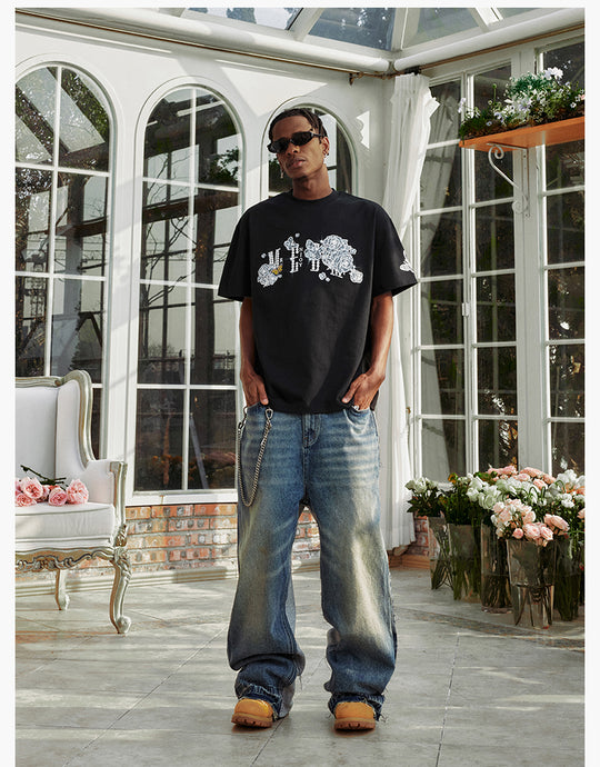 MEDM Lace Floral Rose Pearl Print Tee | Face 3 Face