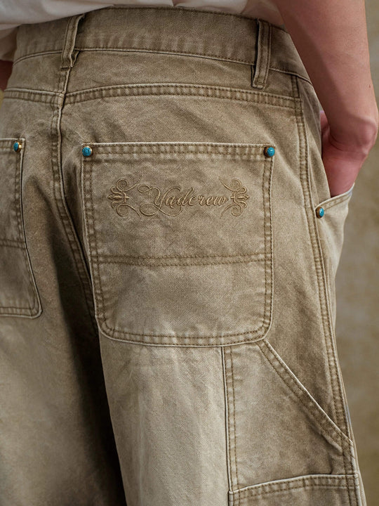 YADcrew Turquoise Studded Washed Tucked Painter Machete Jeans | Face 3 Face