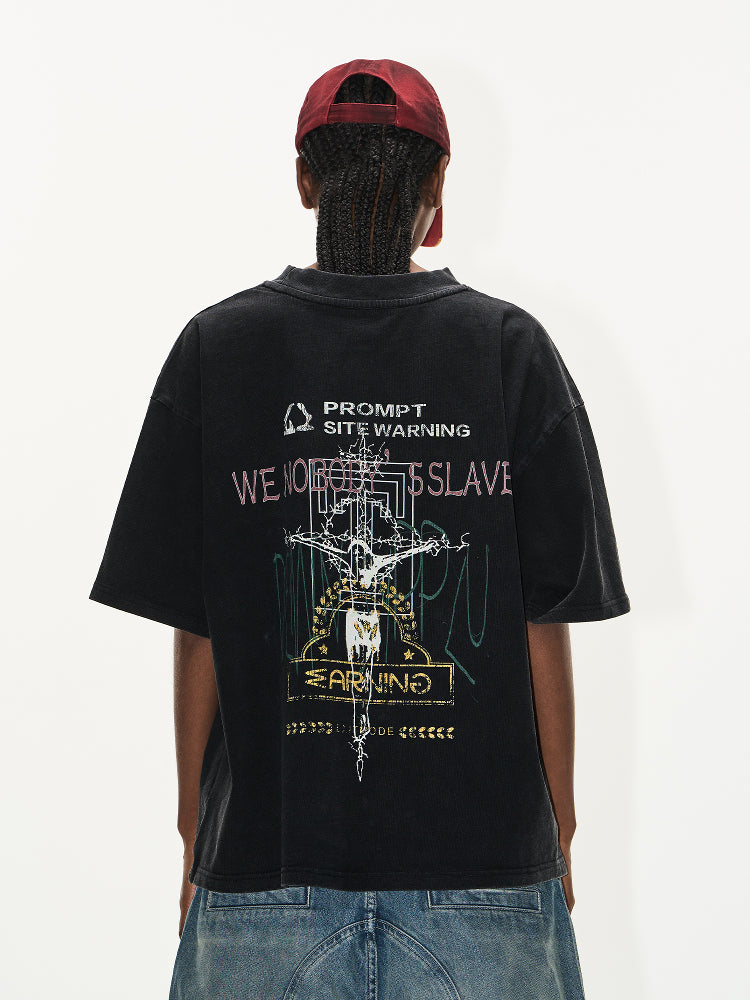 BLIND NO PLAN Washed and Aged Overlapping Print Tee | Face 3 Face