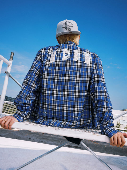 MEDM Blue Pearl Embroidery Plaid Long Sleeve Shirt | Face 3 Face